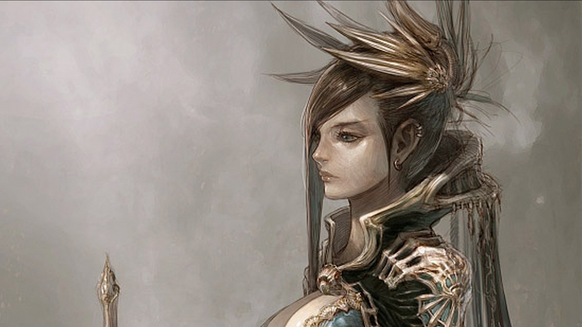 A fierce woman warrior stands in profile, adorned in intricate armor with striking details. The HD artwork captures a powerful fantasy theme, making it a captivating desktop wallpaper.