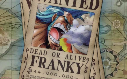 A vibrant HD anime wallpaper featuring Franky's wanted poster from One Piece, showcasing his fierce expression and dynamic background elements.