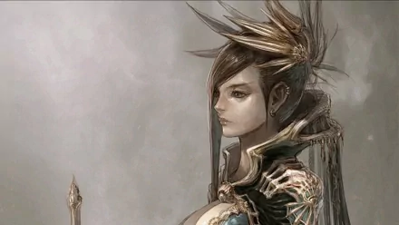 A fierce woman warrior stands in profile, adorned in intricate armor with striking details. The HD artwork captures a powerful fantasy theme, making it a captivating desktop wallpaper.