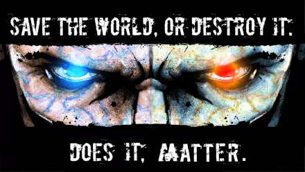 HD PC desktop wallpaper from the video game inFAMOUS, depicting a close-up of intense eyes with a good vs. evil theme and the phrase Save the world, or destroy it. Does it matter.