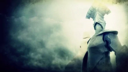 HD PC desktop wallpaper — video game Demon's Souls: pale armored knight in a heavy helm emerging from mist and pale light.