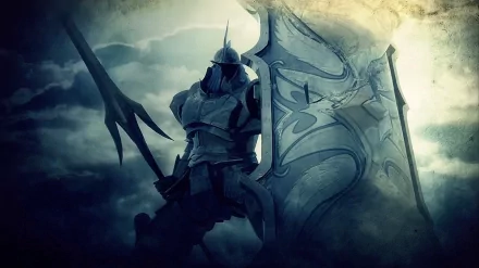 HD PC desktop wallpaper featuring armored knight holding a shield and trident, inspired by the video game Demon's Souls, set against a moody, cloudy background.