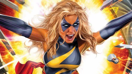 HD PC desktop wallpaper of Carol Danvers as Ms. Marvel, showcasing her fierce expression and dynamic pose amid an explosive comic-style background.