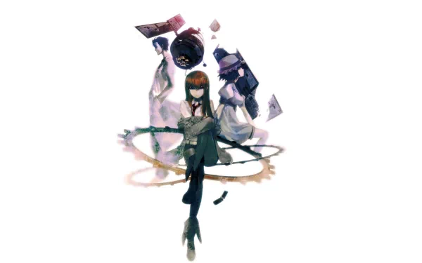 Anime-inspired HD wallpaper featuring characters from Steins;Gate, with dynamic poses and a swirling background, creating an intriguing visual experience.