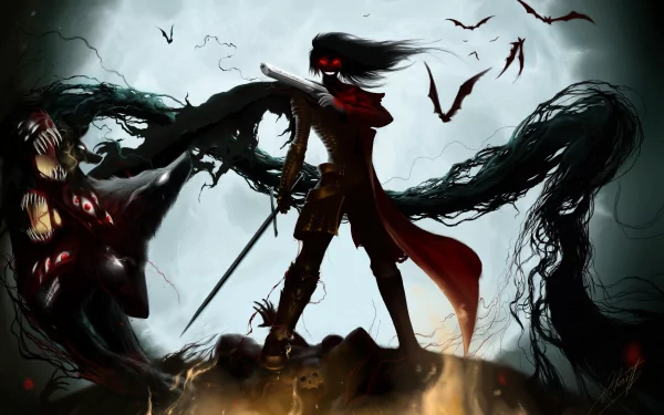 HD desktop wallpaper of Alucard from the anime Hellsing, featuring a gothic, dark setting. Alucard stands with a sword and pistol, surrounded by bats and dark, eerie elements, embodying a vampire warrior.