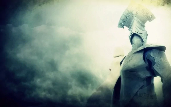 HD PC desktop wallpaper — video game Demon's Souls: pale armored knight in a heavy helm emerging from mist and pale light.