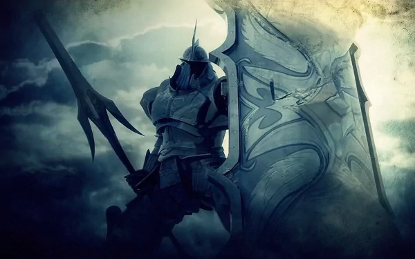 HD PC desktop wallpaper featuring armored knight holding a shield and trident, inspired by the video game Demon's Souls, set against a moody, cloudy background.