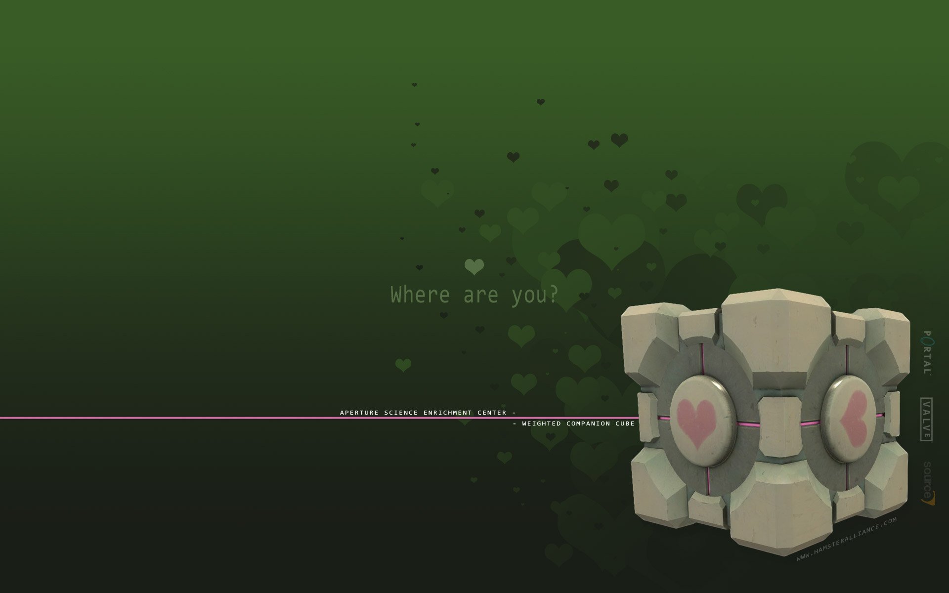 HD PC desktop wallpaper featuring the Companion Cube from the video game Portal against a green background with the text Where are you?
