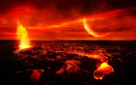 A vivid sci-fi scene of a lava-covered planet, featuring volcanic eruptions and a distant rising planet in a fiery sky, creating an intense and dynamic HD backdrop.
