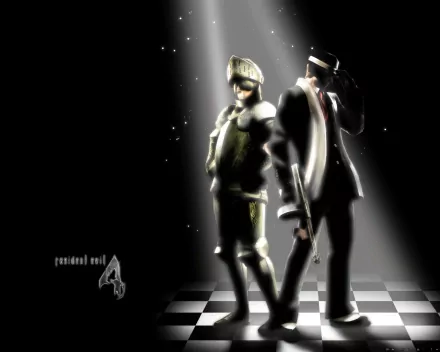 HD PC wallpaper featuring Leon S. Kennedy and Ashley Graham from the video game Resident Evil 4, standing back-to-back under dramatic lighting on a checkered floor.