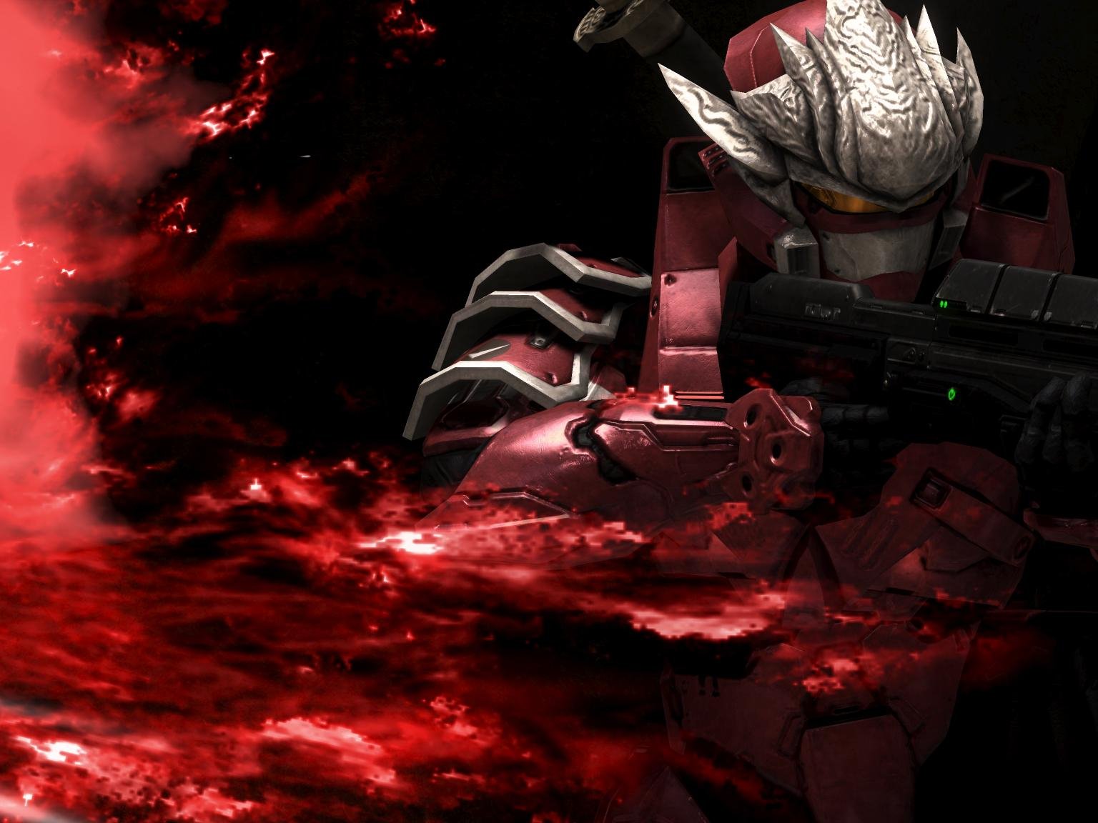 A striking HD desktop wallpaper featuring a warrior from the Halo video game series, surrounded by vibrant red clouds and dramatic lighting.