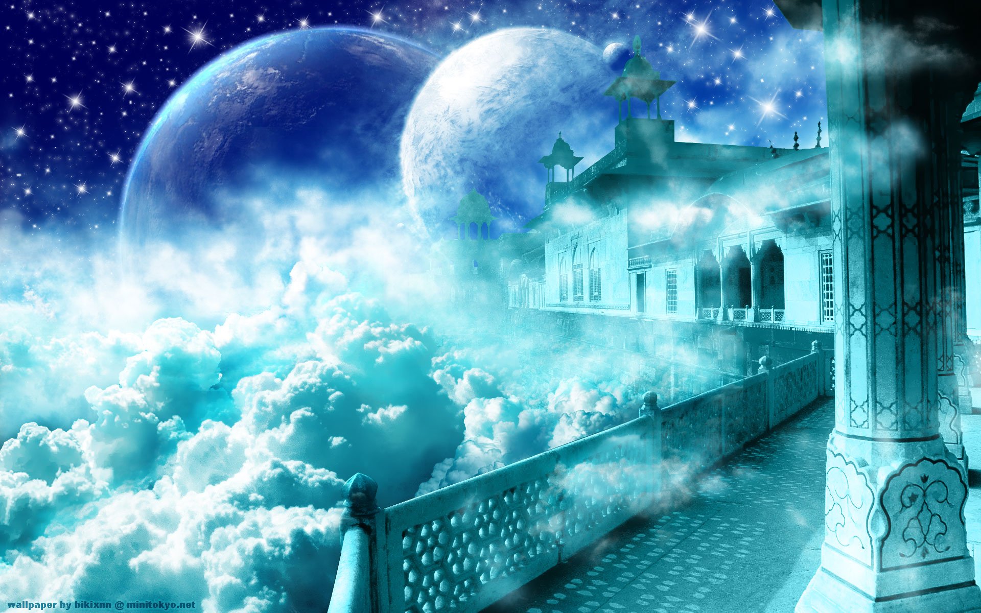 A breathtaking anime-inspired sci-fi scene featuring two planets above a vibrant, cloudy landscape, set against a starry sky, creating an immersive HD desktop wallpaper.