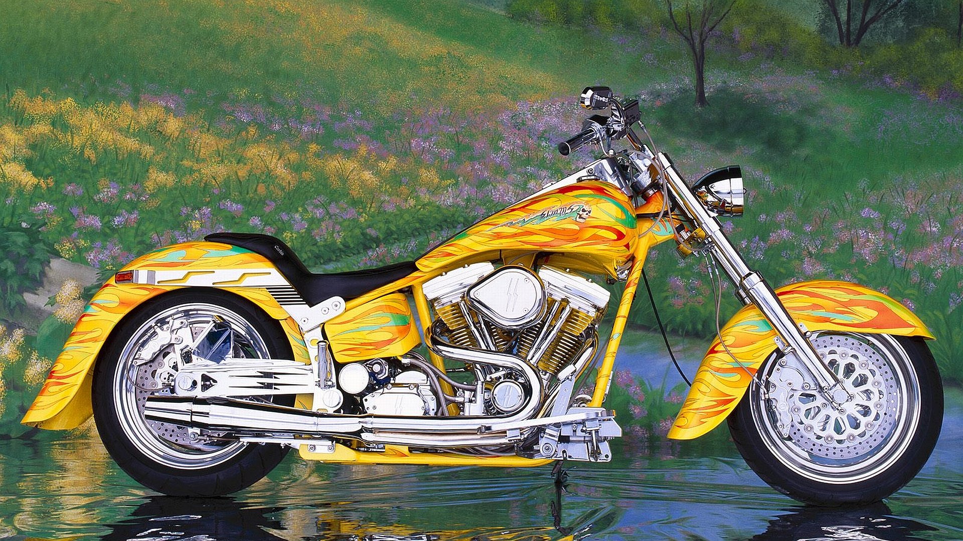 A vibrant Harley-Davidson motorcycle with yellow and orange flames, set against a lush green and floral background in this HD PC desktop wallpaper.