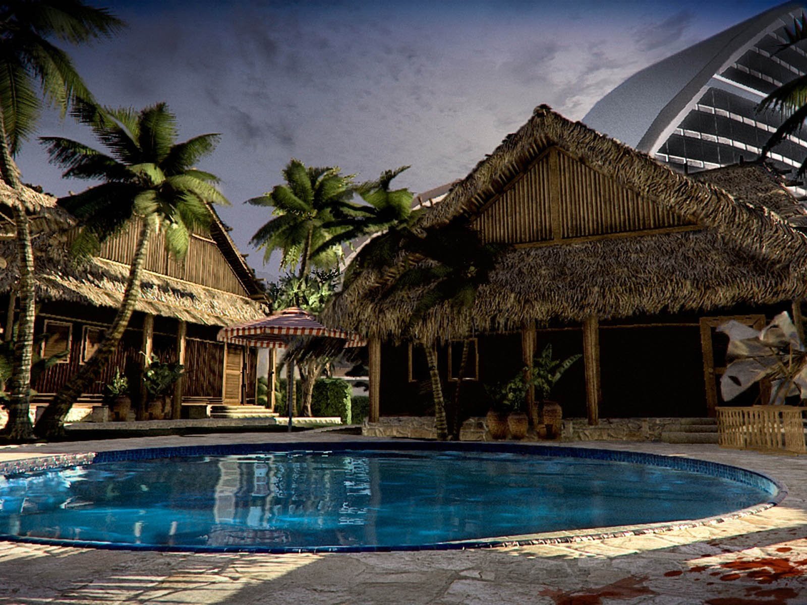 HD PC desktop wallpaper and background from the video game Dead Island: deserted tropical resort with thatched huts, swaying palms and a rippling pool under a brooding, storm-tossed sky.