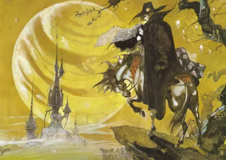 Anime-style HD desktop wallpaper of Vampire Hunter D riding a horse against a large glowing moon and gothic castle in a dark, eerie landscape.