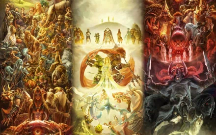 A vibrant HD wallpaper featuring iconic characters from The Legend of Zelda: Ganondorf, Princess Zelda, and Link, set against a dramatic fantasy backdrop.