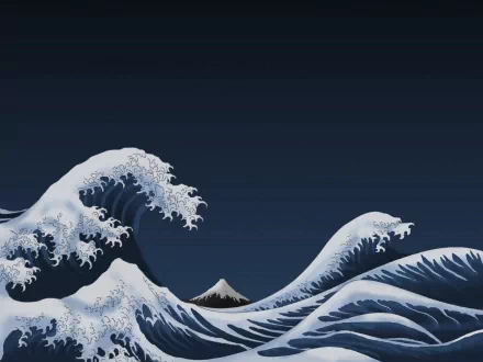 HD desktop wallpaper featuring an artistic rendition of The Great Wave off Kanagawa with dynamic water waves against a dark sky background.