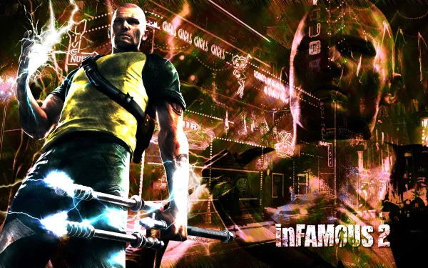 HD PC desktop wallpaper/background from the video game Infamous 2: protagonist Cole MacGrath crackling with electricity, standing amid a neon-lit, war-torn cityscape.