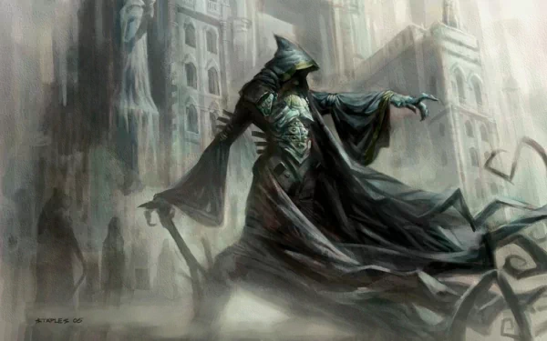A dark and striking HD wallpaper featuring a grim reaper-like demon, cloaked in shadowy robes, standing in an eerie, desolate urban landscape.