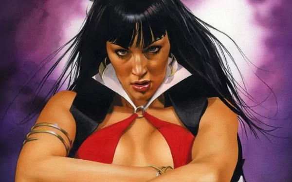 A striking HD wallpaper featuring Vampirella, showcasing her fierce expression and iconic red costume against a dramatic purple backdrop. A bold choice for comic enthusiasts.