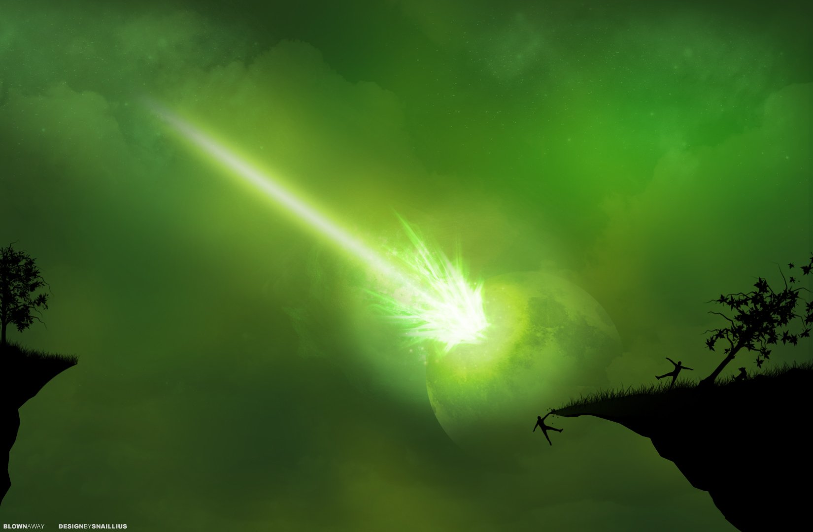 HD PC desktop wallpaper featuring an artistic green scene with a glowing comet streaking across a vibrant, misty sky between two cliff edges.