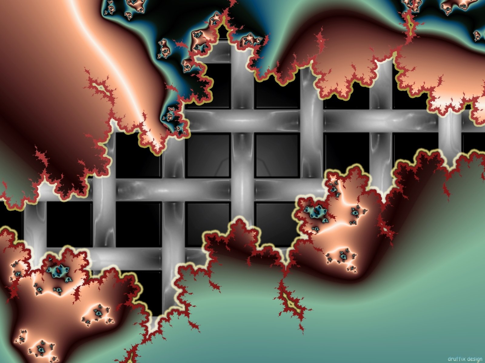 Abstract illusion logo-style mind-teaser HD PC desktop wallpaper and background: woven metallic grid pierced by coral-like fractal forms in teal, bronze and black.