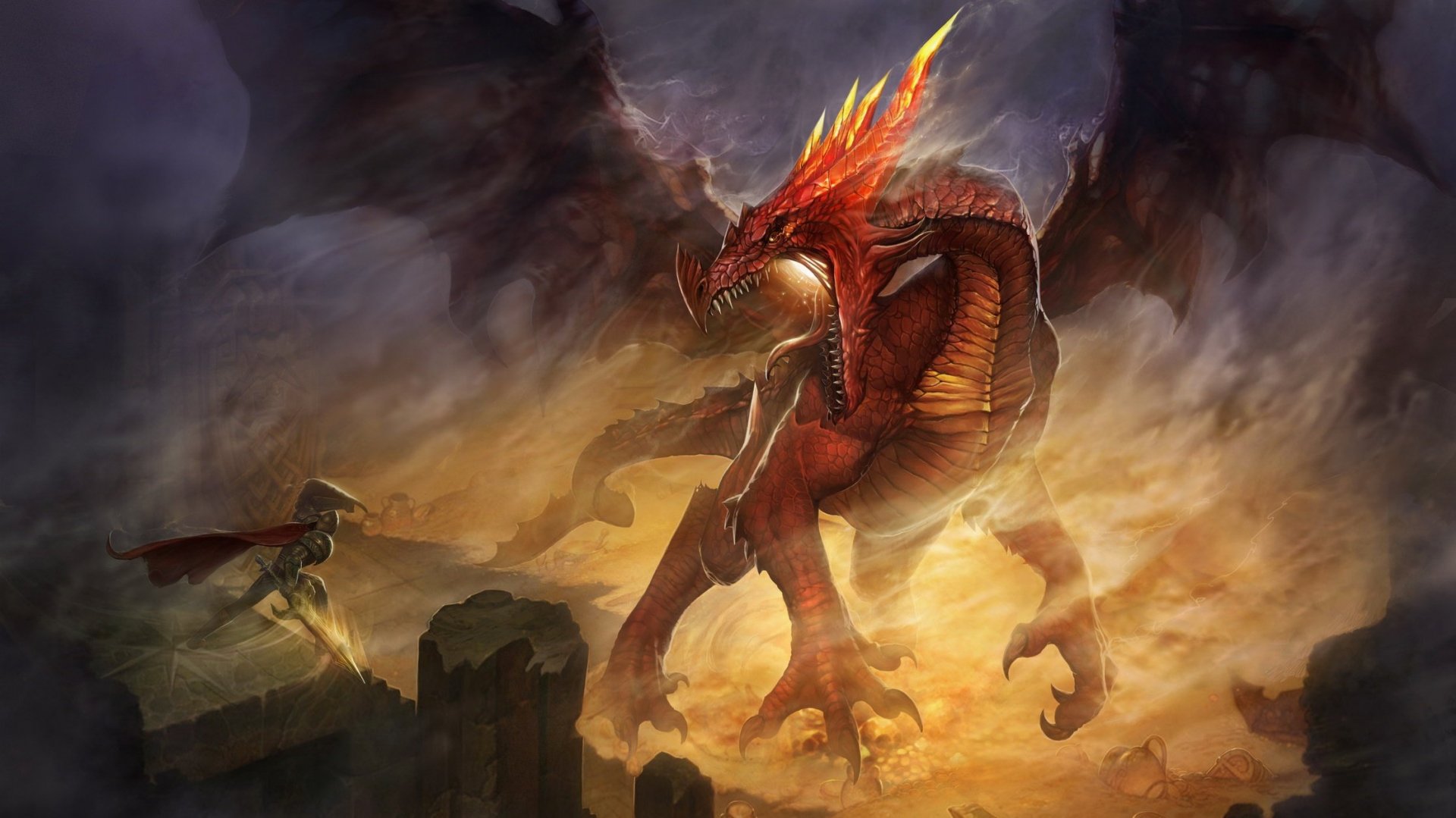 HD fantasy desktop wallpaper featuring a majestic, fire-breathing dragon with flaming horns in a dramatic, smoky landscape.