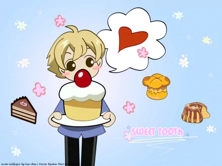 An HD wallpaper from *Ouran High School Host Club*, featuring a cheerful character holding a cupcake with a cherry on top, surrounded by sweets and a playful heart thought bubble.
