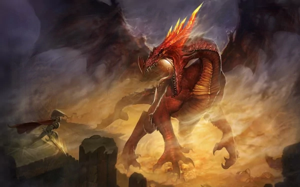 HD fantasy desktop wallpaper featuring a majestic, fire-breathing dragon with flaming horns in a dramatic, smoky landscape.