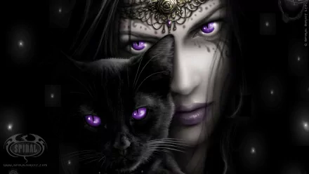 HD desktop wallpaper featuring a gothic witch with piercing purple eyes and intricate headwear, alongside a black cat with matching purple eyes. The dark, mystical background enhances the eerie atmosphere.