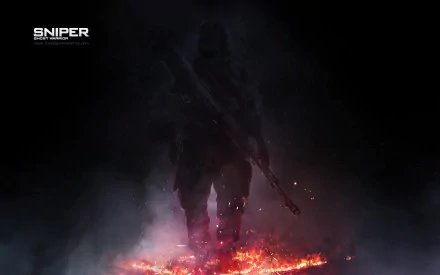 Dark, smoky HD PC desktop wallpaper from the video game Sniper: Ghost Warrior showing a lone soldier silhouette emerging over glowing embers, weapon in hand.
