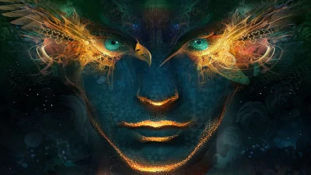 A mesmerizing fantasy-themed HD desktop wallpaper featuring a dark, ethereal face with striking blue eyes and intricate, vibrant patterns swirling around.