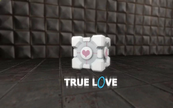 HD PC desktop wallpaper featuring the Companion Cube from the video game Portal, with the text TRUE LOVE incorporating the Portal logo style.