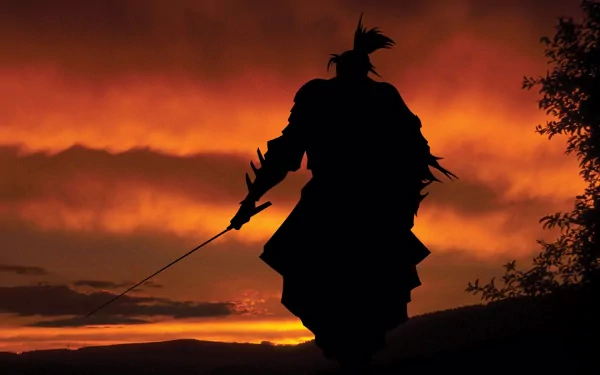 A silhouetted samurai stands against a vibrant sunset, embodying the spirit of a fantasy warrior. The dramatic sky enhances the warrior's shadow, creating a striking HD wallpaper.