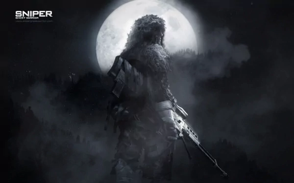 HD PC desktop wallpaper of a stealthy sniper warrior from the video game Sniper: Ghost Warrior, standing poised against a glowing full moon backdrop.