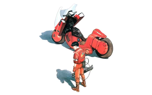A vibrant HD wallpaper featuring Shotaro Kaneda from the anime Akira, standing beside his iconic red motorcycle against a minimalist background.