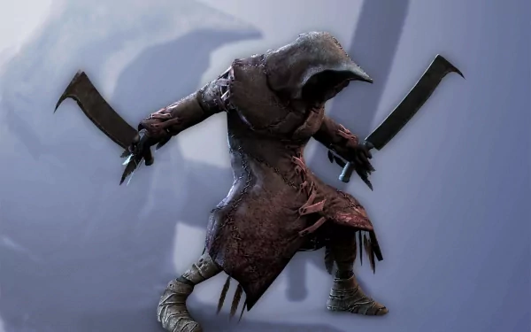 HD PC desktop wallpaper: hooded, cloaked rogue from the video game The Secret World, crouched with twin curved blades and tattered robes against a misty gray background.
