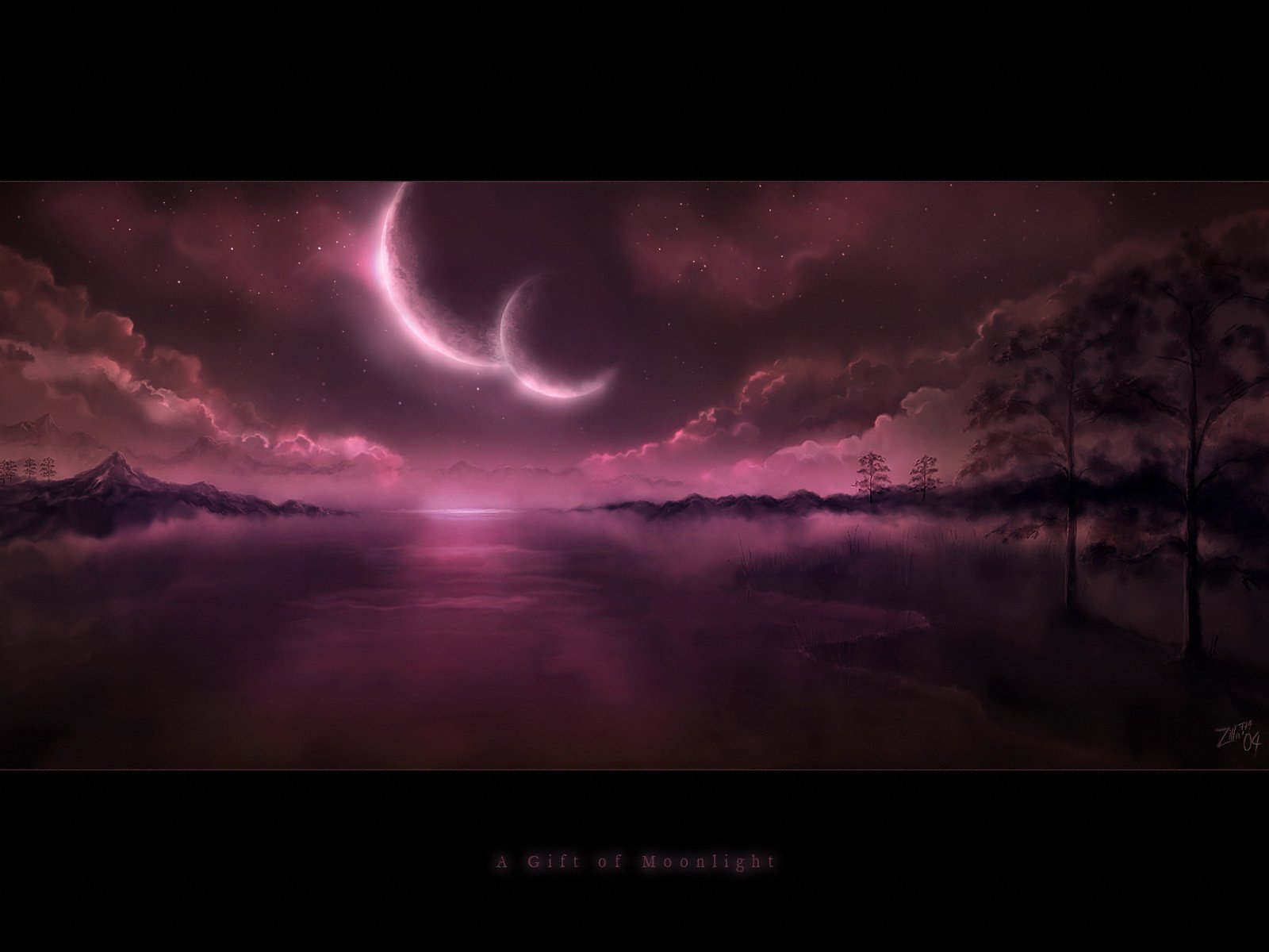 A stunning HD PC desktop wallpaper featuring a purple, sci-fi moonscape with two crescent moons over a tranquil planet horizon, surrounded by ethereal clouds and distant mountains.