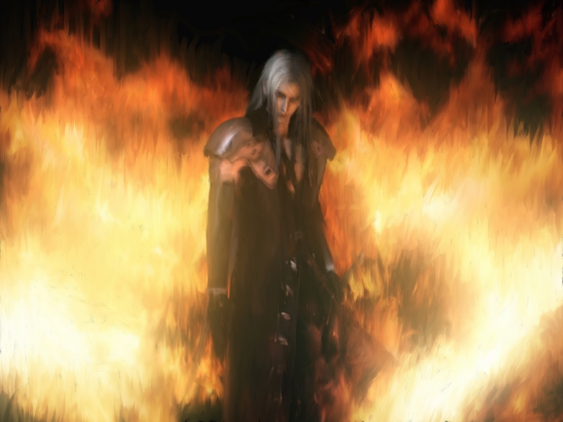 HD PC desktop wallpaper featuring a fiery scene from the video game Final Fantasy, showcasing a character with long silver hair and dark attire.