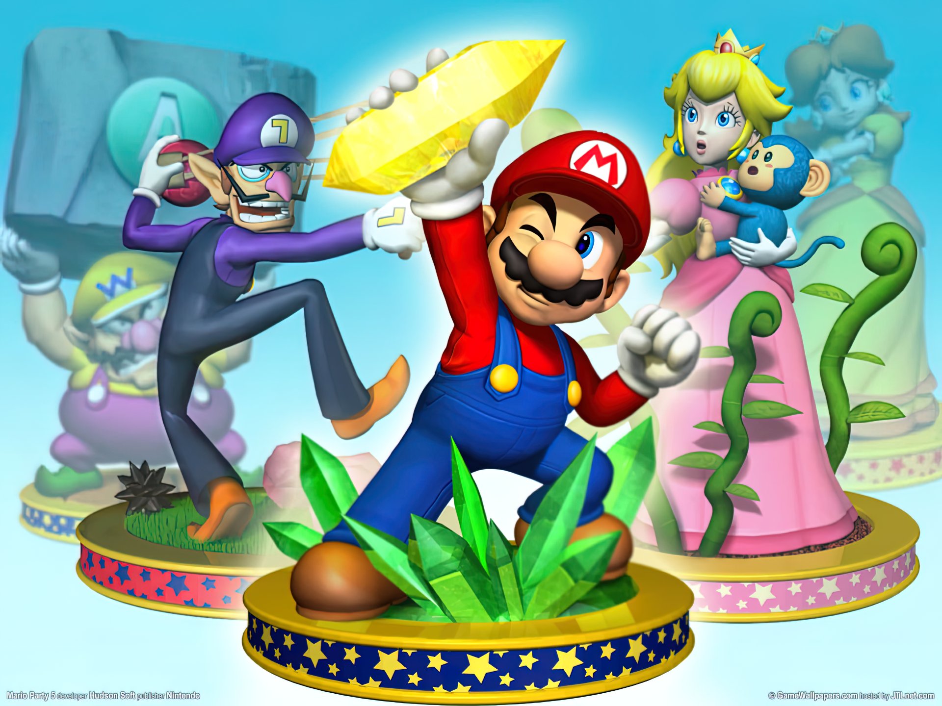 HD PC desktop wallpaper featuring Mario and other characters from the Mario video game series in vibrant, action-packed poses.