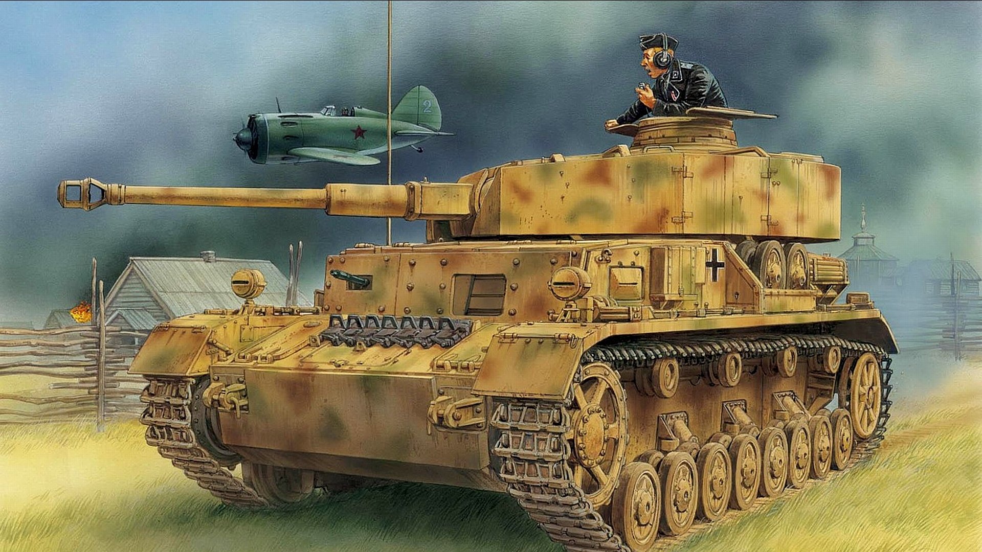 HD PC desktop wallpaper featuring a detailed military tank advancing through a rural landscape with vintage aircraft flying overhead.