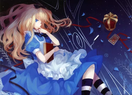 A whimsical anime illustration featuring Alice from Alice in Wonderland, with flowing hair, a blue dress, and elements of fantasy, designed as a 4K Ultra HD desktop wallpaper.