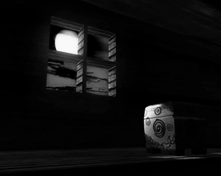 Black and white HD desktop wallpaper showing a wooden room with a box and a window revealing the moon outside.