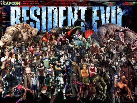 A dynamic HD wallpaper featuring a collage of iconic characters and monsters from the Resident Evil video game series, set against a dark, atmospheric backdrop.