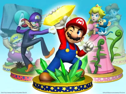 HD PC desktop wallpaper featuring Mario and other characters from the Mario video game series in vibrant, action-packed poses.