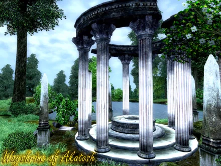 HD PC desktop wallpaper of a wayshrine from The Elder Scrolls IV: Oblivion, featuring ancient stone columns surrounded by lush greenery and a tranquil lake.