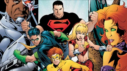HD wallpaper featuring Tim Drake, Cassandra Sandsmark, Bart Allen, Conner Kent, Cyborg, Starfire, Wonder Girl, and Superboy from DC Comics' Young Justice and Teen Titans.