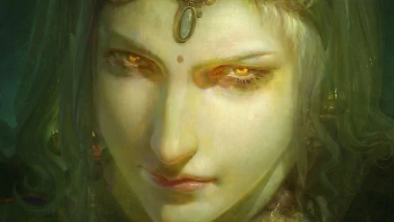 A fantasy courtesan woman with piercing golden eyes, wearing an ornate pendant, rendered in HD for a PC desktop wallpaper background.
