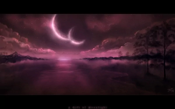 A stunning HD PC desktop wallpaper featuring a purple, sci-fi moonscape with two crescent moons over a tranquil planet horizon, surrounded by ethereal clouds and distant mountains.