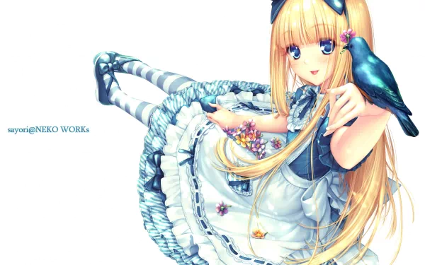 Anime-style HD PC desktop wallpaper featuring a blonde girl in an Alice in Wonderland-inspired dress holding a black bird, showcasing vibrant colors and detailed artwork.